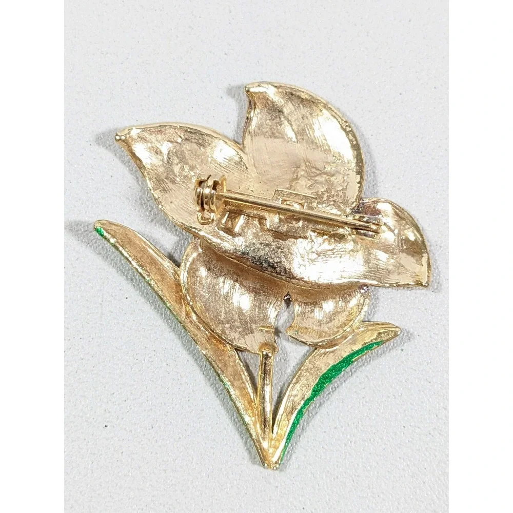 Gold‎ Tone Purple green Iris Flower Pin Brooch